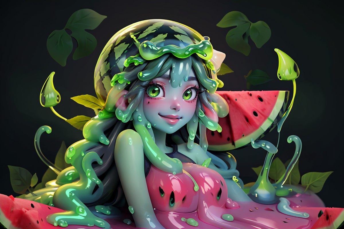 (watermelon slime musume:1.5), (deep green skin:1.5)
refreshing, juicy, sweet
((solo))
(meadow, patch of ripe melons:1.3)
...